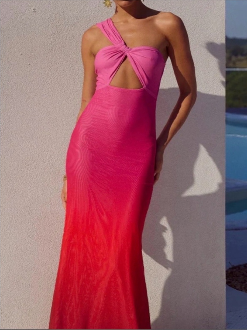 One-Shoulder Pink-Red Ombre Cutout Maxi Dress